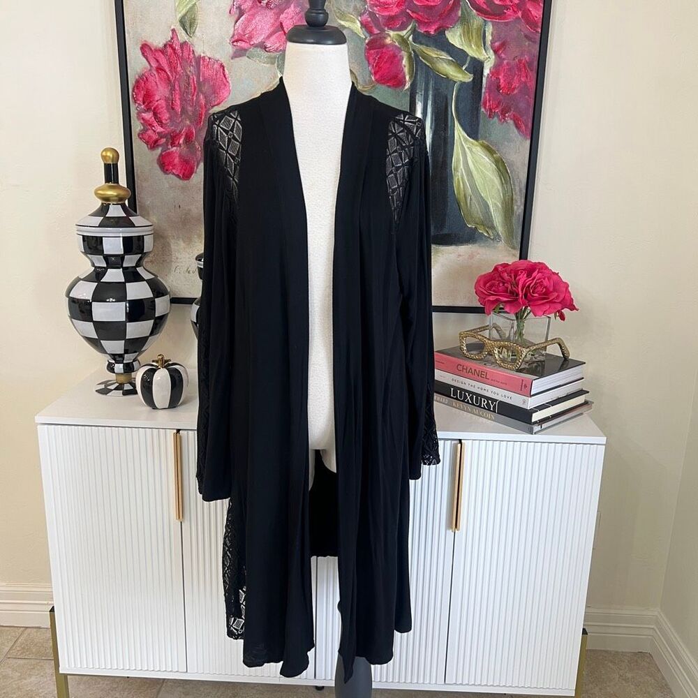 JSP Women's Open Front Lace Trim Long Duster Cardigan Black 2X